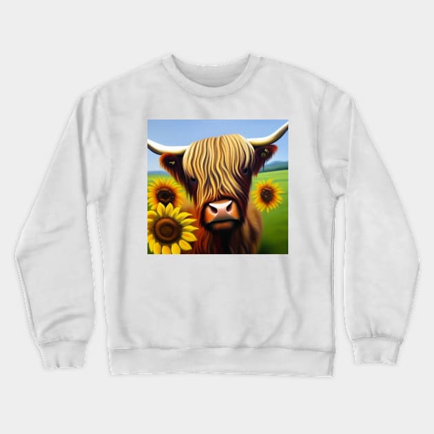 Highland Cow with Sunflowers Crewneck Sweatshirt by TrapperWeasel